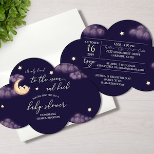Cloud Baby Shower Invitation Boy | Moon and Stars Baby Shower Invite | Printed Invitation | Cloud Shape | Good Night Bunny Purple