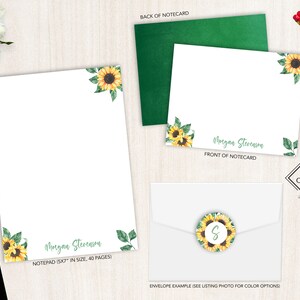 Ensemble de papeterie personnalisée | Jeu de cartes de correspondance plates | Bloc-notes personnalisé | Ensemble de papeterie personnelle florale | Jardin des tournesols