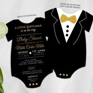Tuxedo Baby Shower Invitation | Gold Glitter Tux Shower Invite | Little Gentleman | Formal Baby Shower | Printed Invitation | Baby Bodysuit