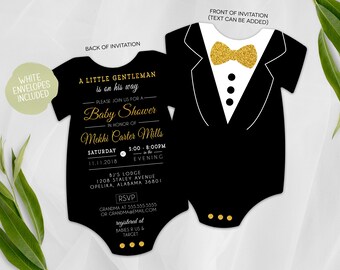 Tuxedo Baby Shower Invitation | Gold Glitter Tux Shower Invite | Little Gentleman | Formal Baby Shower | Printed Invitation | Baby Bodysuit