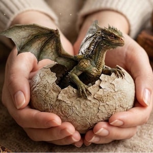 Peut inclure: Une figurine détaillée d'un bébé dragon émergeant d'un œuf fissuré, tenue doucement dans des mains jointes. Le dragon a des écailles vertes et marron, avec des ailes détaillées. L'œuf est de couleur beige clair. Le fond comprend des livres et une feuille.