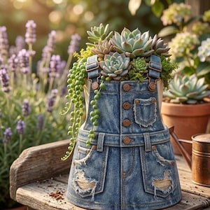 Può includere: Un vaso a forma di salopette in denim blu con finitura usurata, bordi sfilacciati, bottoni color rame e tasche. Il vaso è riempito con diverse piante succulente verdi, tra cui una pianta a collana di perle ricadente.