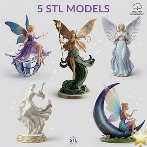 Può includere: Cinque statuette di fate con ali dettagliate e abiti fluenti. Una fata è seduta su un cristallo, un'altra tiene in mano un bastone e una terza è in piedi con le braccia tese. L'immagine include il testo "5 STL MODELS" e "INSTANT DOWNLOAD".