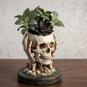 May include: A skull-shaped planter holds a small succulent and leafy green plants. The off-white skull has visible cracks and is supported by skeletal hands. The planter sits on a round, weathered-looking base, creating a unique decorative piece.