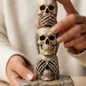 Pode incluir: Uma escultura empilhada de três crânios, cada um com as mãos cobrindo a boca, os olhos e os ouvidos. Os crânios são bege e repousam sobre uma base retangular texturizada. A escultura é segurada por uma pessoa.