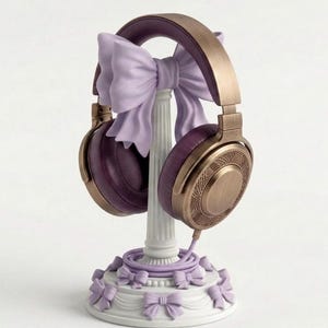 Puede incluir: Soporte decorativo para auriculares con un lazo morado y auriculares a juego. Los auriculares tienen un acabado bronce y almohadillas moradas. El soporte es blanco con detalles morados, incluidos lazos en la base. Un accesorio elegante.