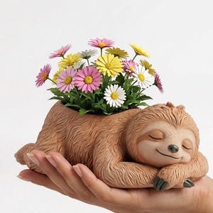 May include: A brown sloth-shaped planter filled with colourful daisies. The sloth is depicted lying down with closed eyes, appearing relaxed. The flowers are in shades of pink, yellow, and white, creating a cheerful display. A unique decorative item for home or garden.