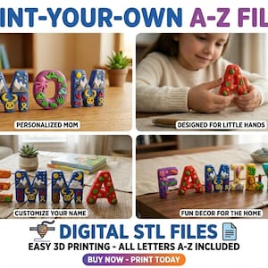 May include: Image features colorful 3D-printed letters spelling "MOM", "EMMA", and "FAMILY". The letters are decorated with various designs. Text includes "PRINT-YOUR-OWN A-Z FILES", "PERSONALIZED MOM", "CUSTOMIZE YOUR NAME", and "FUN DECOR FOR THE HOME".
