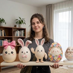 May include: A woman holds a shelf with five Easter egg decorations. The eggs are white, with bunny ears, bows, and floral designs. One egg has a bunny inside. The decorations are whimsical and colourful.