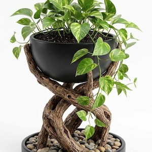 May include: A matte black bowl planter sits atop a base crafted from intertwined brown tree branches. The planter holds a trailing pothos plant with variegated green and yellow heart-shaped leaves. The base rests on a circular black tray filled with smooth river stones.