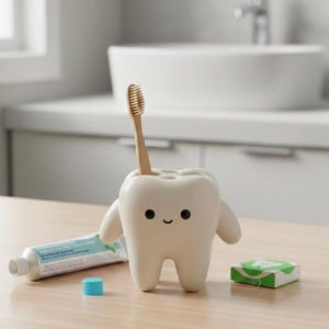 May include: A whimsical, off-white tooth-shaped toothbrush holder with a smiling face, holding a wooden toothbrush. A tube of toothpaste, a blue cap, and a box of dental floss are on the wooden surface. The holder is a fun bathroom accessory.