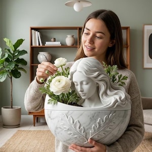 May include: A white marble planter with a sculpted female bust, holding white flowers and greenery. The planter has a round shape with leaf carvings. The woman is wearing a beige jumper.