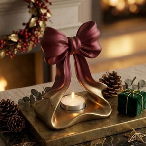 May include: A decorative candle holder shaped like a large bow with a deep burgundy top and a metallic gold base. The centre of the bow features a circular opening designed to hold a single small tea light candle, which is currently lit.
