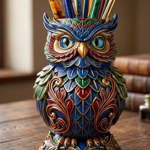 Archivo STL de portabolígrafos de búho: organizador de escritorio imprimible en 3D (descarga digital)