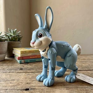 May include: A light blue toy rabbit with large ears, a white tail, and a pink nose. The rabbit is standing on a wooden surface. A tag that says "Made with Love" is attached to the rabbit.
