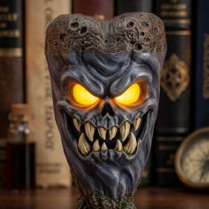 May include: A sculpted, grey-toned creature head figurine featuring a textured, cratered top surface and a wide, grinning mouth filled with sharp, pointed teeth. The eyes are illuminated from within, emitting a bright, warm yellow glow.