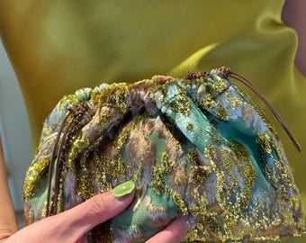 Teal Gold Burnout Velvet Pouch | Silk Blend Evening Bag, Beaded Strap Shoulder Purse