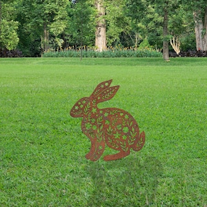 Floral Rabbit Garden Stake - Rustic Metal Garden Ornament