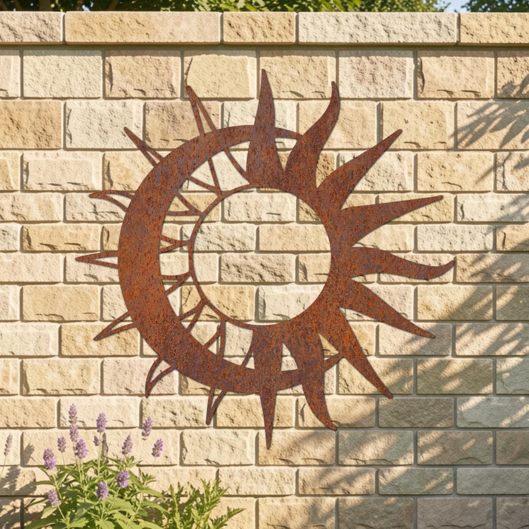 Sun With Crescent Moon Large Metal Wall & Garden Art - Rustic Metal ...