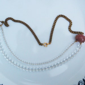 Glass Double Strand and Chain Asymmetrical Necklace with Pink Side Stone