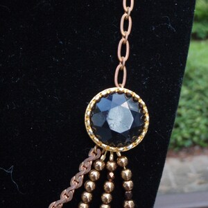 Quadruple Strand Chain, Copper and Glass Beaded Asymmetrical Black Side Stone on Filgree Bezel Necklace