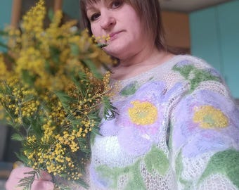 ブルーミングクラウドセーター - 花柄ハンドメイドウールセーター、柔らかくロマンティックなニットプルオーバー