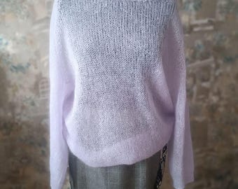 Trui van lavendelmohair, doorschijnende trui, zachte pluizige trui, lichtgewicht lentetrui, romantisch gezellig breisel