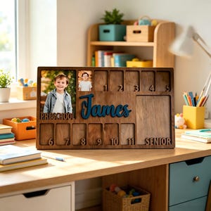 May include: A rectangular wooden school year photo frame featuring the name James in blue script. It includes slots for photos from preschool through senior year, with numbers 1 through 11 engraved below the designated picture openings.