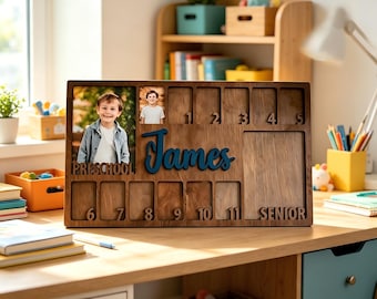 Personalized Wooden School Years Photo Frame: K-12 Growth Tracker, Custom Name (15.74" x 9.84")