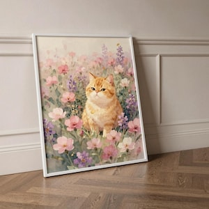 Muurafdruk kat, poster tabby in bloemenveld, vintage dierenkunst (digitale download)