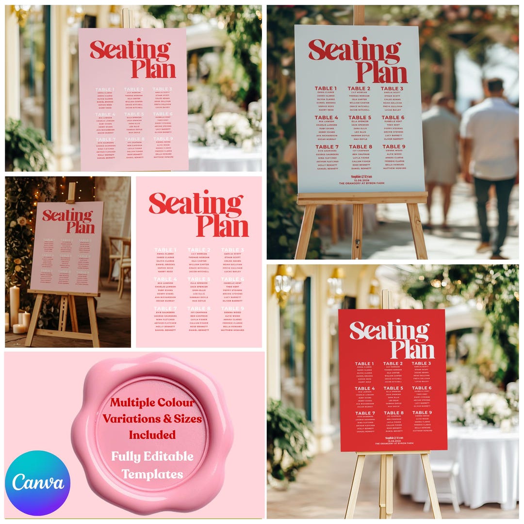Colored Seating Sign Pink and Red Seating Plan Sign | Editable Canva Template | Modern ...