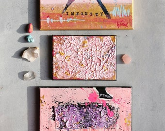 Set of 3 art, small gallery wall, abstract paintings on canvas, original artworks, collage mixed media, pink decor