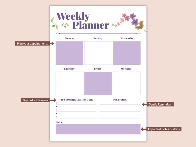 Floral Weekly Planner Printable | Romantic Digital PDF With Top 5 ...