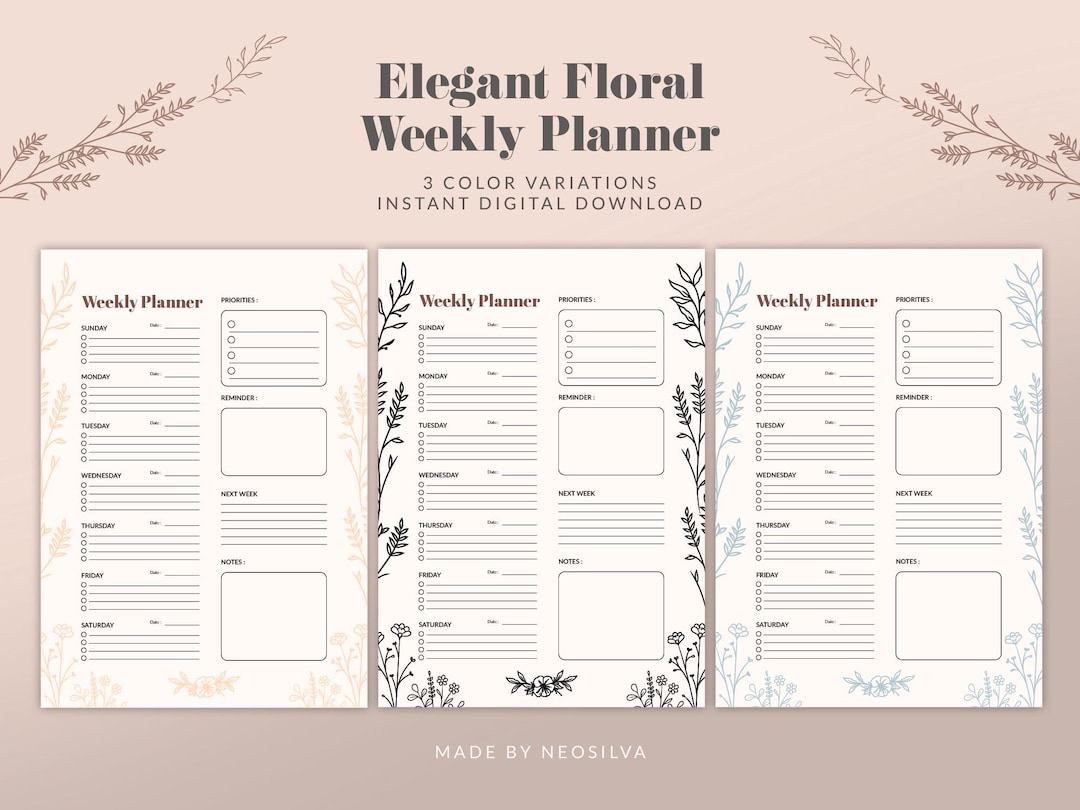 Floral Weekly Planner Printable | Elegant 3-color Digital Planner for ...