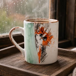 Może przedstawiać: Biały ceramiczny kubek z ręcznie rysowaną ilustracją puszystego pomarańczowo-białego kota wyglądającego zza zielonego pionowego paska. Kubek ma brązowe nakrapiane obrzeże oraz ucho i zawiera parujący gorący napój wewnątrz naczynia.
