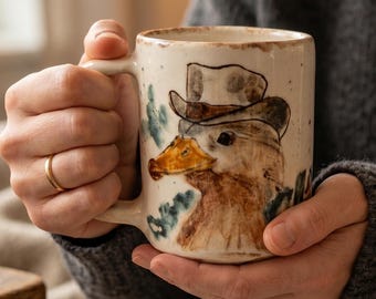 May include: A ceramic mug with a speckled off-white finish featuring a hand-painted illustration of a duck wearing a brown hat. The mug has a cylindrical body and a curved handle on the side, showcasing a rustic, textured appearance with brown and green accents.