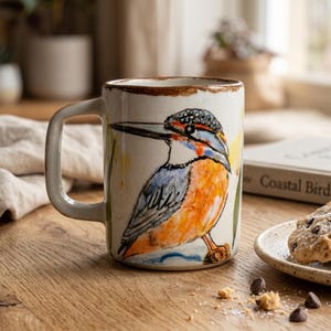 May include: A ceramic mug with a cream-coloured base featuring a hand-painted illustration of a kingfisher bird with orange, blue, and black details. The mug has a rustic brown rim and a sturdy handle, showcasing a detailed avian design.