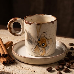 Może przedstawiać: Ceramiczny kubek z ilustracją myszy, spoczywający na pasującym spodku. Kubek ma brązowy uchwyt i obręcz, z beżowym korpusem. W pobliżu ułożono laski cynamonu i ziarna kawy.