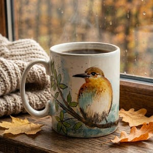 Könnte beinhalten: Ein Keramikbecher mit einer Aquarell-Illustration eines kleinen braunen und orangefarbenen Vogels, der auf einem grünen Zweig mit Blättern sitzt. Der Becher hat eine gesprenkelte, cremeweiße Oberfläche und ist mit einer dunklen Flüssigkeit gefüllt.