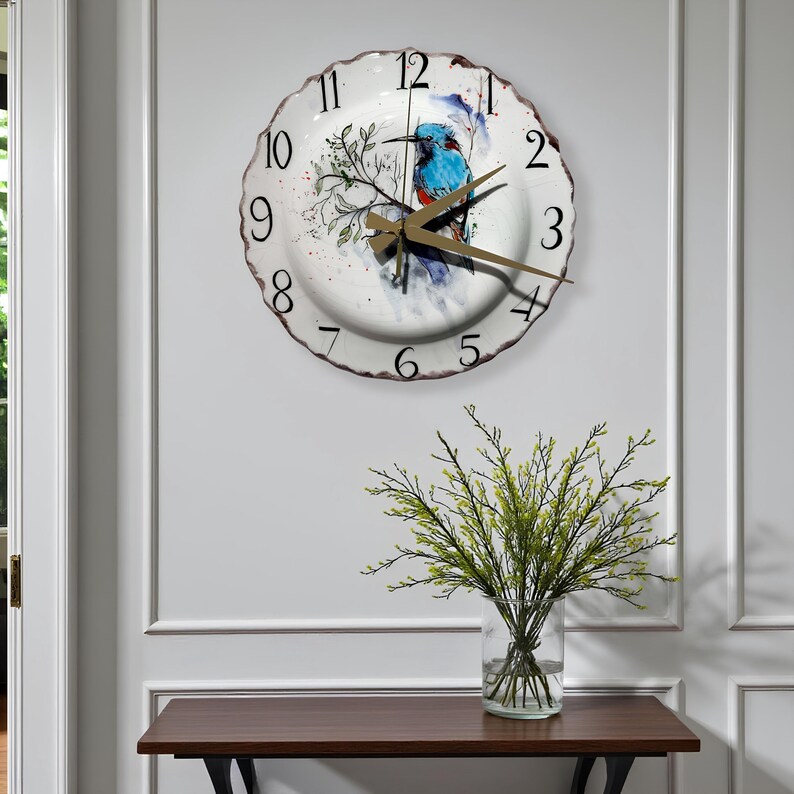 Handmade Ceramic Wall Clock, Hand Painted Bird Clock, Large Rustic ...