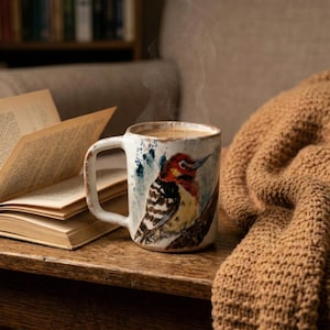 May include: A ceramic mug with a speckled off-white finish featuring a watercolor-style illustration of a woodpecker perched on a branch. The mug contains a steaming hot beverage and is positioned next to an open book and a tan knitted blanket.