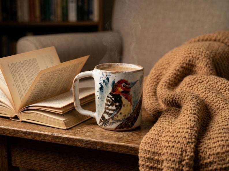May include: A ceramic mug with a speckled off-white finish featuring a watercolor-style illustration of a woodpecker perched on a branch. The mug contains a steaming hot beverage and is positioned next to an open book and a tan knitted blanket.