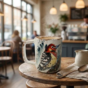 May include: A ceramic mug with a speckled off-white finish featuring a watercolor-style illustration of a woodpecker with red, black, and yellow plumage. The mug contains a steaming hot beverage and sits next to a small creamer and a silver spoon.