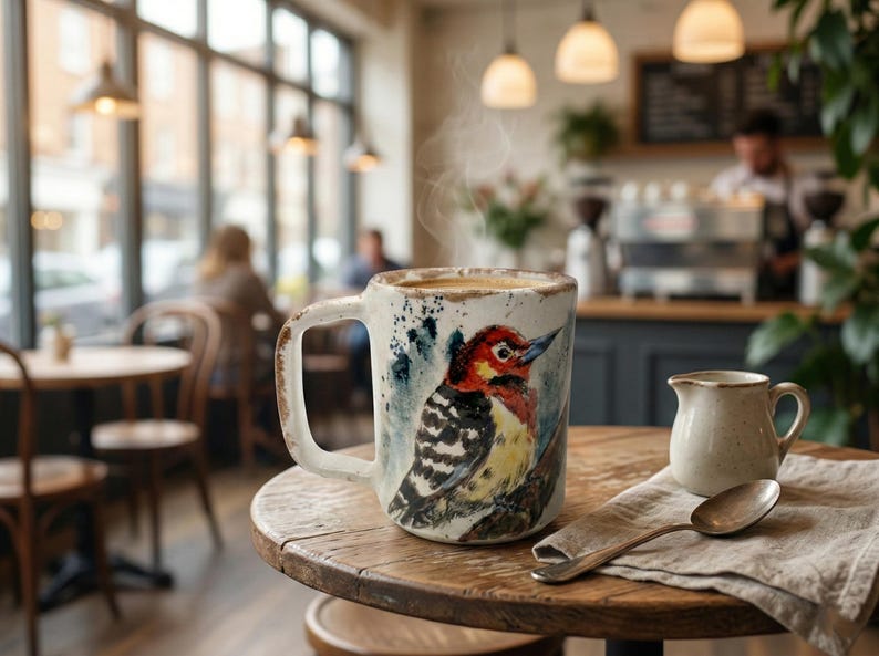 May include: A ceramic mug with a speckled off-white finish featuring a watercolor-style illustration of a woodpecker with red, black, and yellow plumage. The mug contains a steaming hot beverage and sits next to a small creamer and a silver spoon.