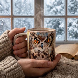 May include: A ceramic mug featuring a hand-painted illustration of a brown owl with piercing orange eyes and a dark beak. The mug has a light-coloured base and a sturdy handle, held in both hands while wearing a thick, beige cable-knit jumper.