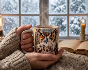 May include: A ceramic mug featuring a hand-painted illustration of a brown owl with piercing orange eyes and a dark beak. The mug has a light-colored base and a sturdy handle, held in both hands while wearing a thick, beige cable-knit sweater.