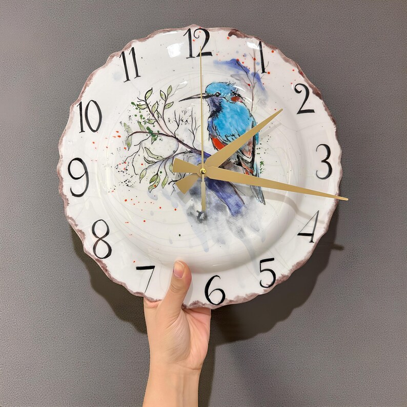 Handmade Ceramic Wall Clock, Hand Painted Bird Clock, Large Rustic ...