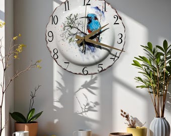 Handmade Ceramic Wall Clock, Hand Painted Bird Clock, Large Rustic Cottagecore Wall Decor, Unique Artisan Kitchen Clock
