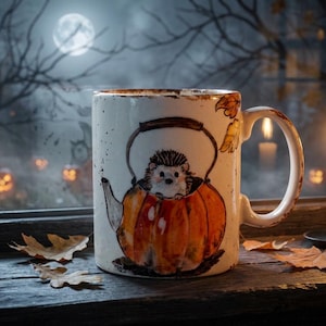 Handmålad keramisk Halloween-igelkottmugg med pumpakorg, 30–35 cl