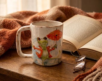 May include: A ceramic mug with a speckled off-white finish featuring a hand-painted illustration of a green frog wearing a red jacket and holding a red umbrella. The mug has a sturdy handle and a cylindrical shape with a slightly textured surface.